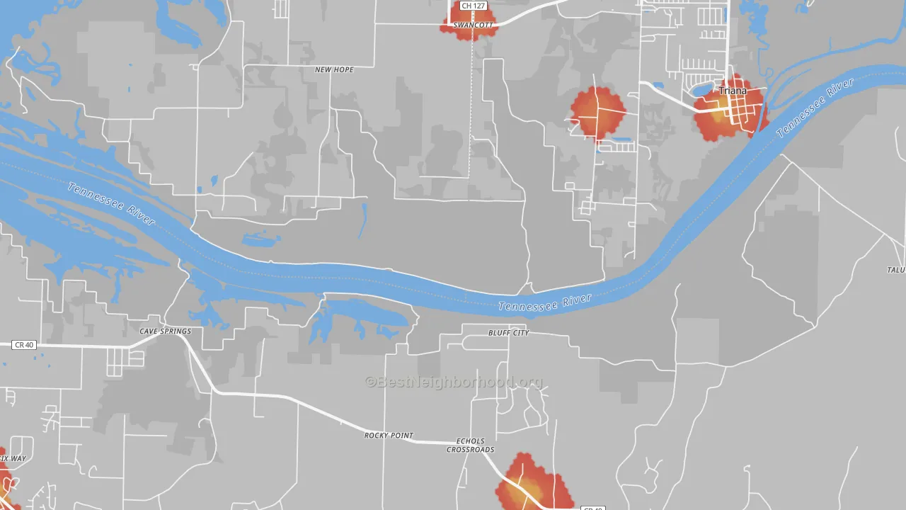 Walk Grade map of Echols Crossroads, AL, walkable areas in green and car-dependent areas in red