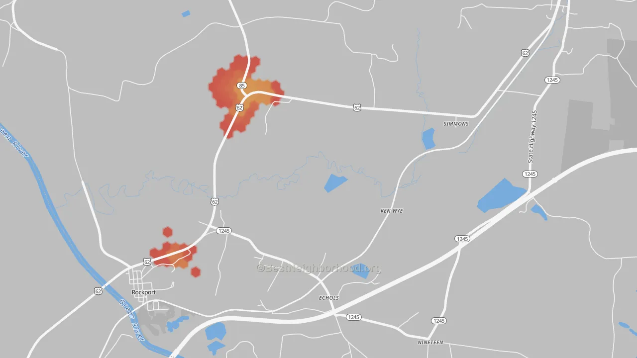 Walk Grade map of Echols, KY, walkable areas in green and car-dependent areas in red