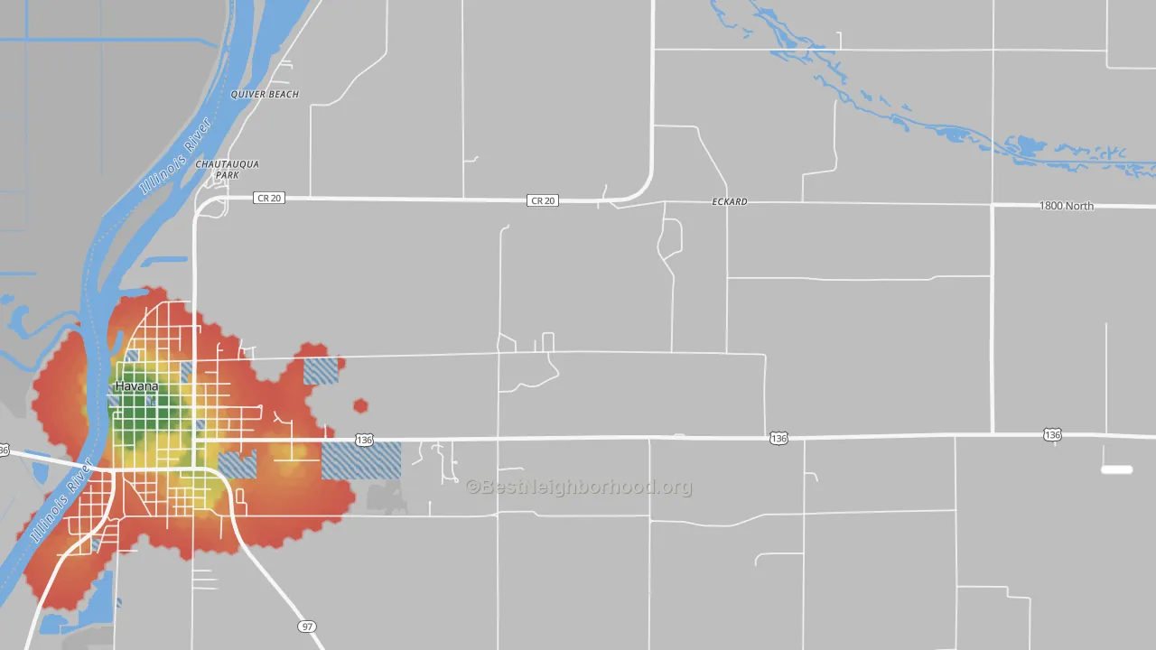Walk Grade map of Eckard, IL, walkable areas in green and car-dependent areas in red
