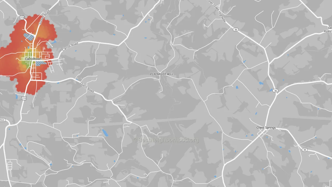 Walk Grade map of Eckenrode Mill, PA, walkable areas in green and car-dependent areas in red