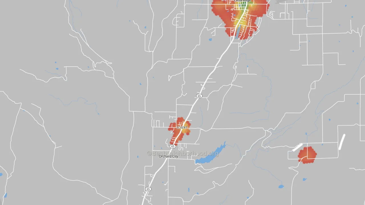 Walk Grade map of Eckert, CO, walkable areas in green and car-dependent areas in red