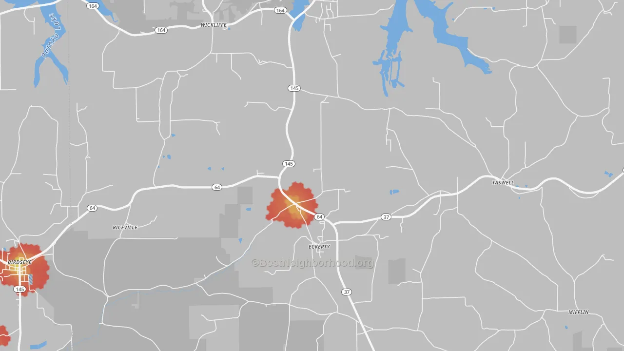 Walk Grade map of Eckerty, IN, walkable areas in green and car-dependent areas in red