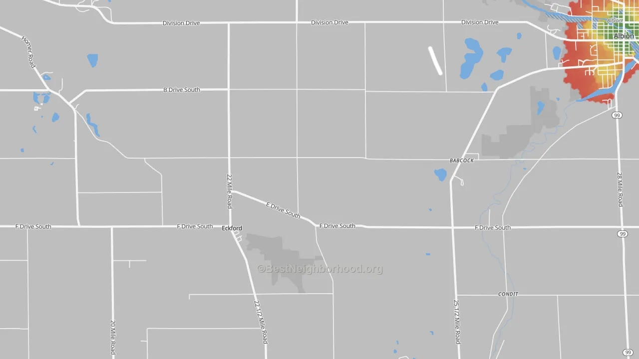Walk Grade map of Eckford, MI, walkable areas in green and car-dependent areas in red