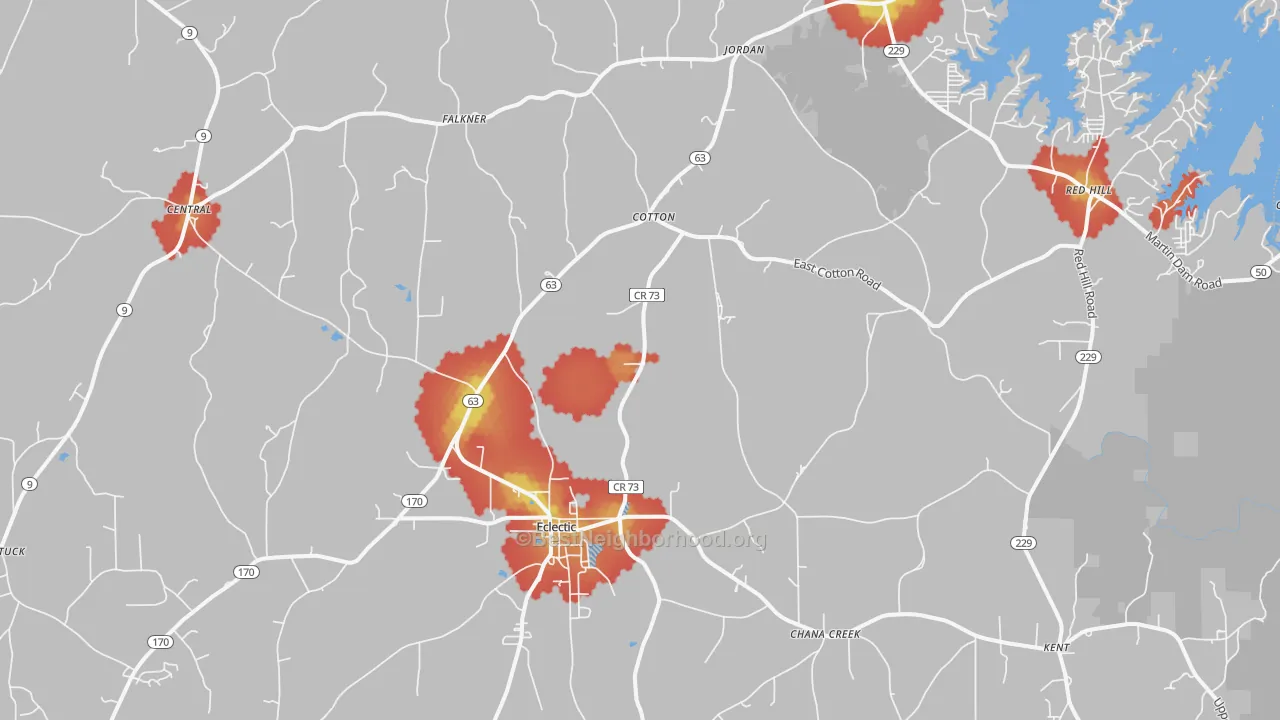 Walk Grade map of Eclectic, AL, walkable areas in green and car-dependent areas in red