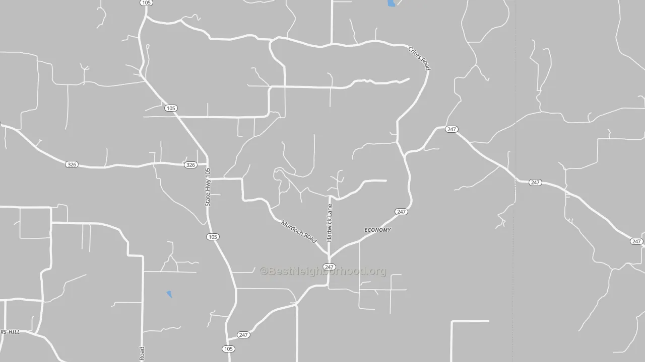 Walk Grade map of Economy, AR, walkable areas in green and car-dependent areas in red