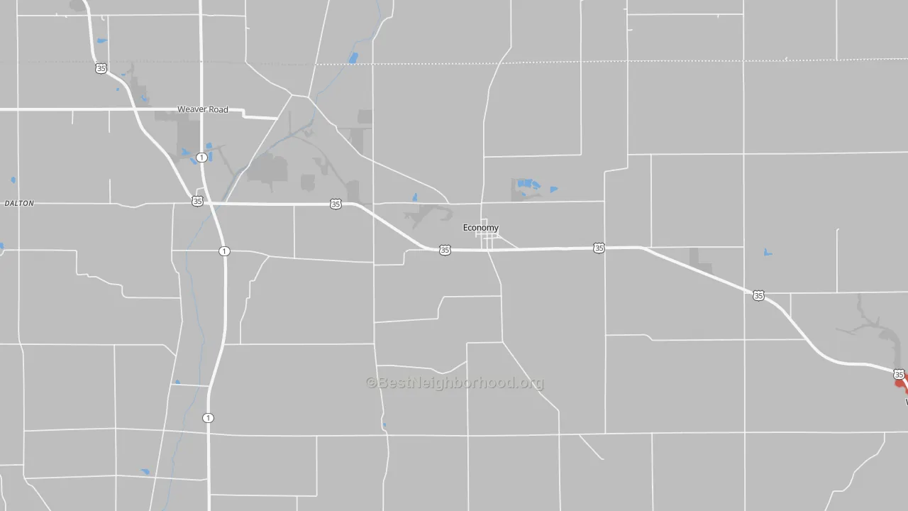 Walk Grade map of Economy, IN, walkable areas in green and car-dependent areas in red