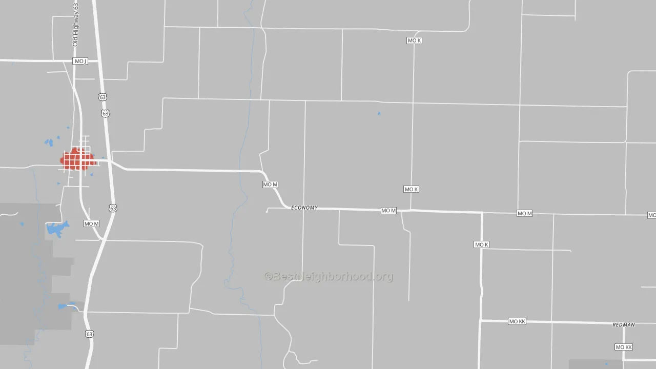 Walk Grade map of Economy, MO, walkable areas in green and car-dependent areas in red