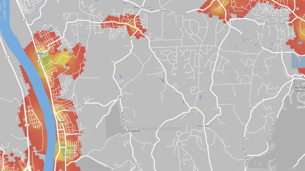 Walk Grade map of Economy, PA, walkable areas in green and car-dependent areas in red