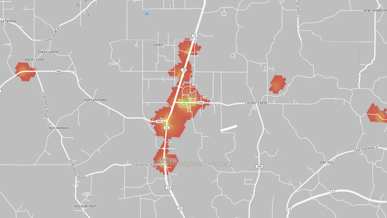 Walk Grade map of Ecru, MS, walkable areas in green and car-dependent areas in red