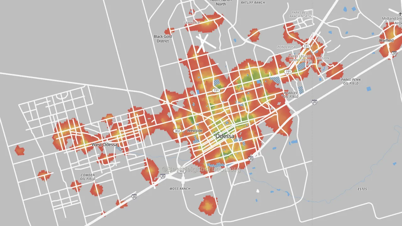 Walk Grade map of Ector County, TX, walkable areas in green and car-dependent areas in red