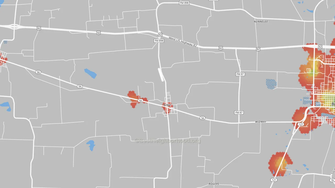 Walk Grade map of Ector, TX, walkable areas in green and car-dependent areas in red