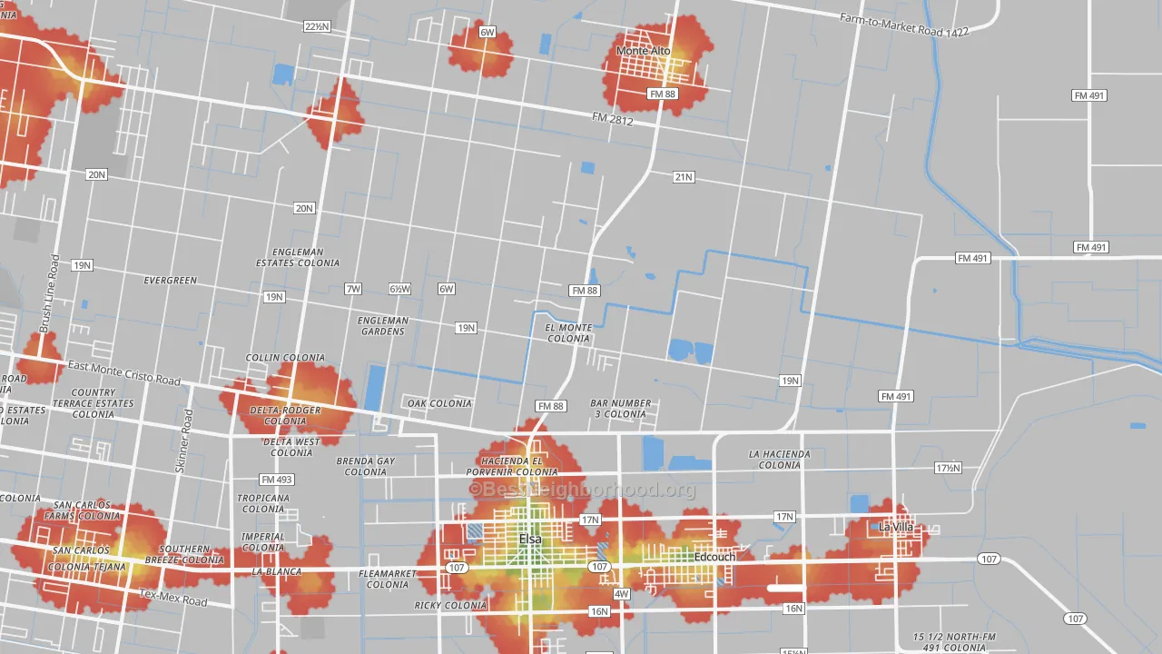 Walk Grade map of Edcouch, TX, walkable areas in green and car-dependent areas in red