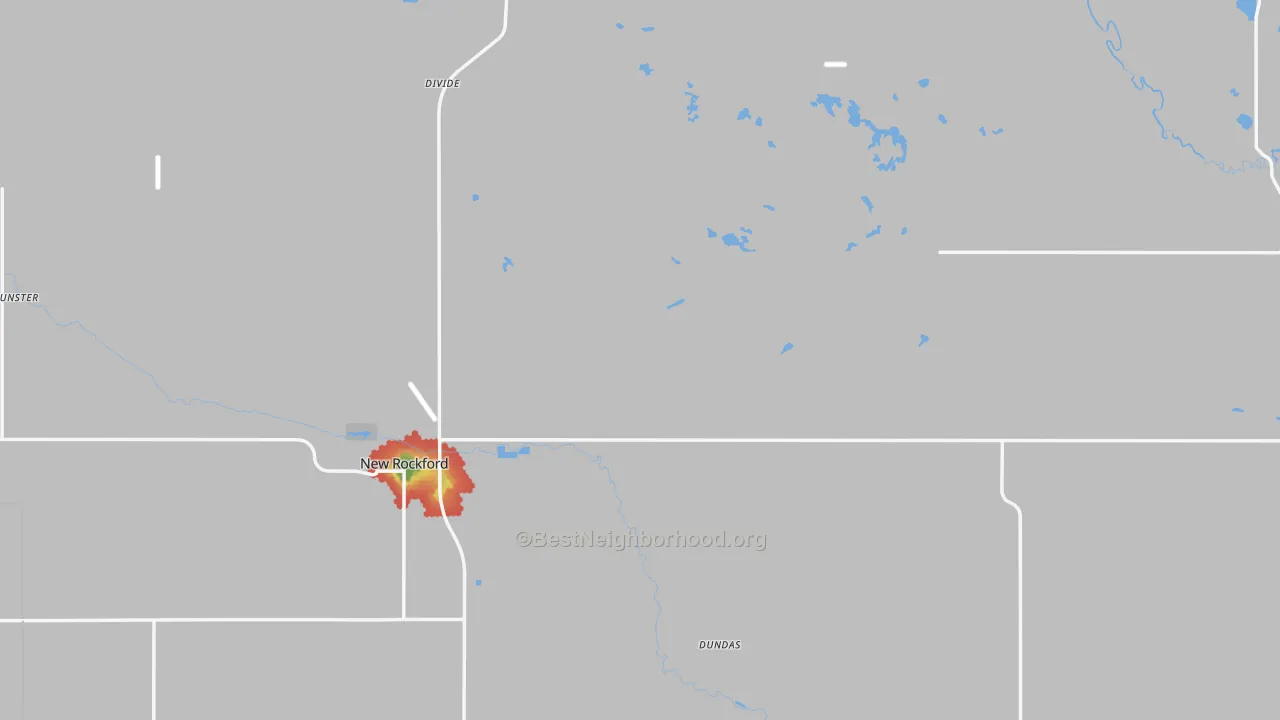 Walk Grade map of Eddy County, ND, walkable areas in green and car-dependent areas in red