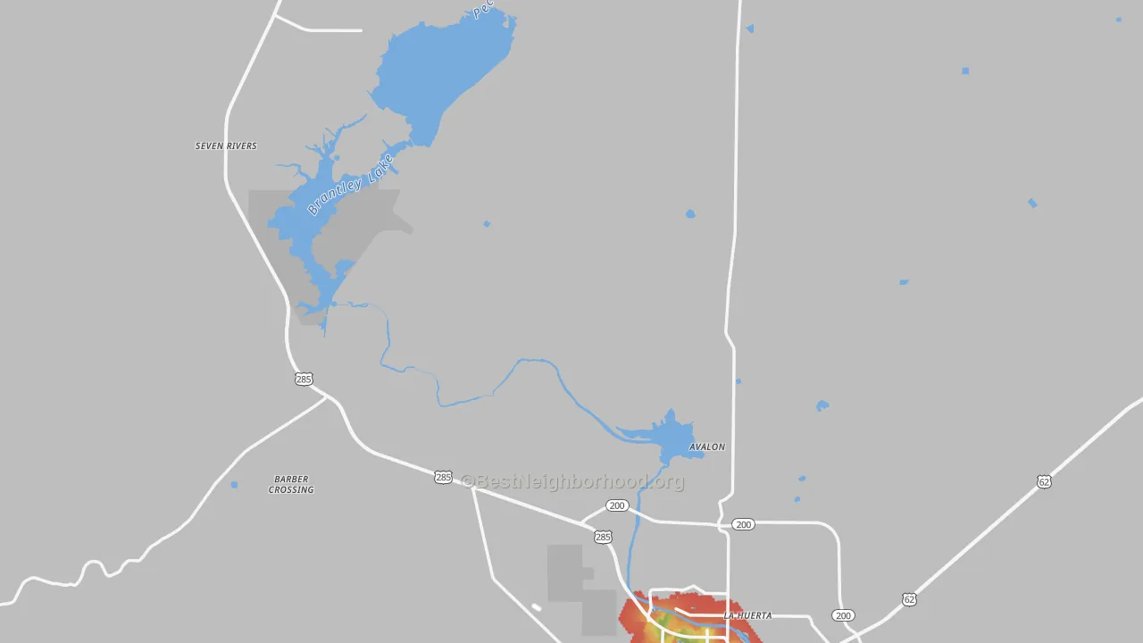 Walk Grade map of Eddy County, NM, walkable areas in green and car-dependent areas in red