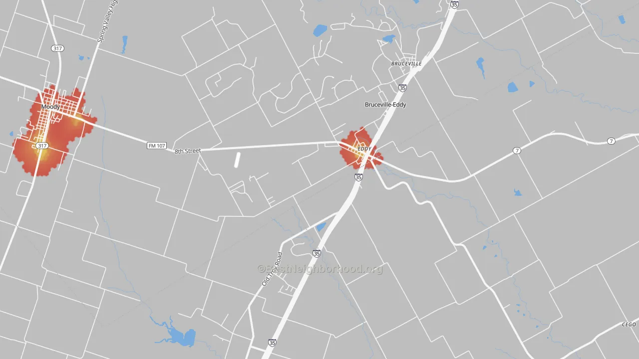 Walk Grade map of Eddy, TX, walkable areas in green and car-dependent areas in red