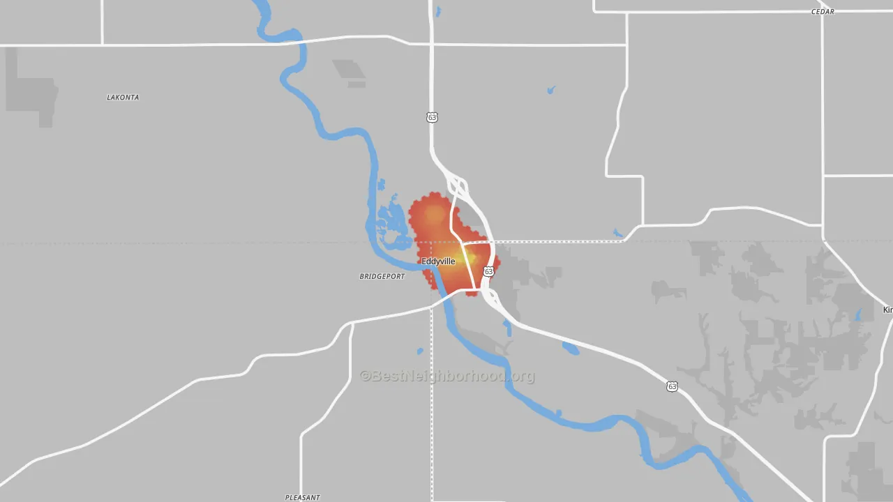 Walk Grade map of Eddyville, IA, walkable areas in green and car-dependent areas in red