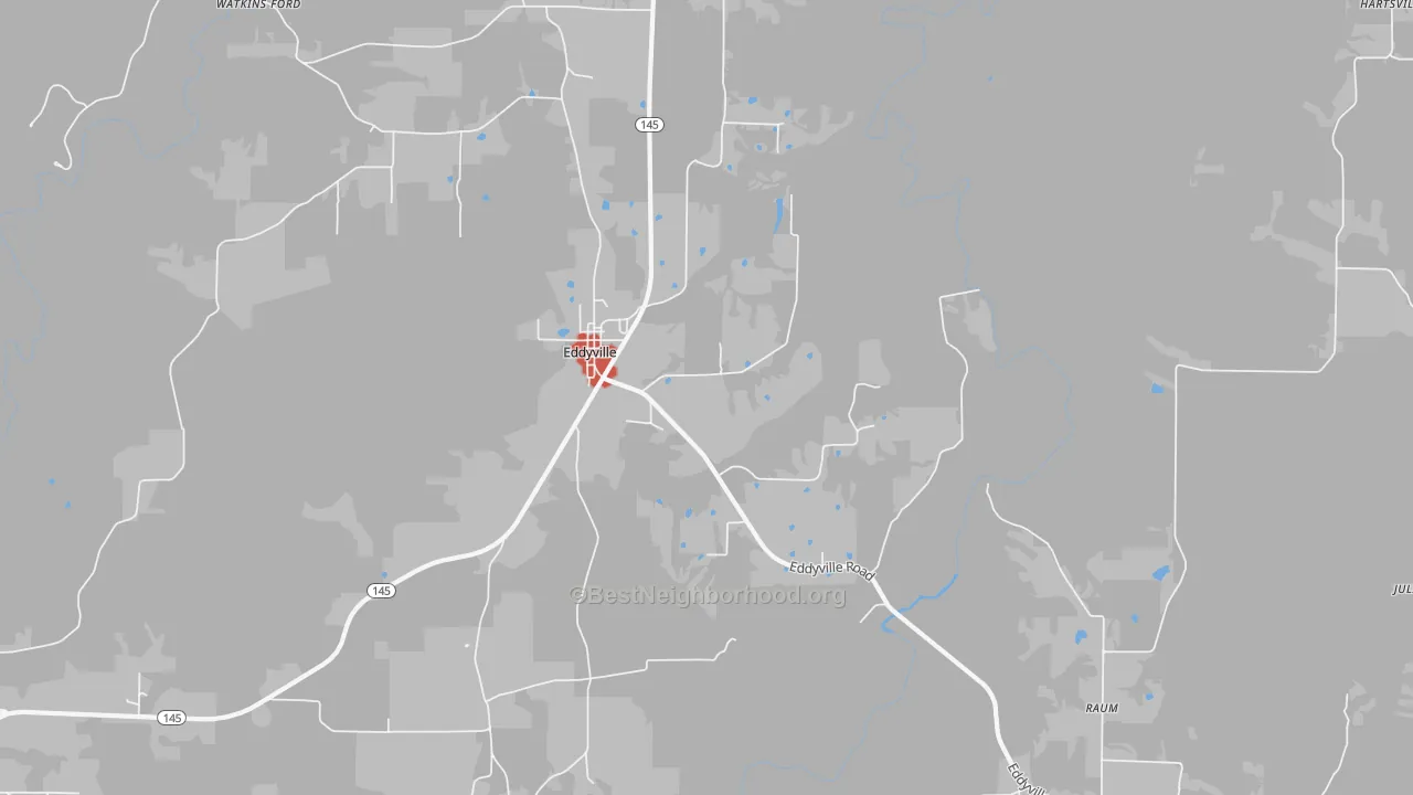 Walk Grade map of Eddyville, IL, walkable areas in green and car-dependent areas in red
