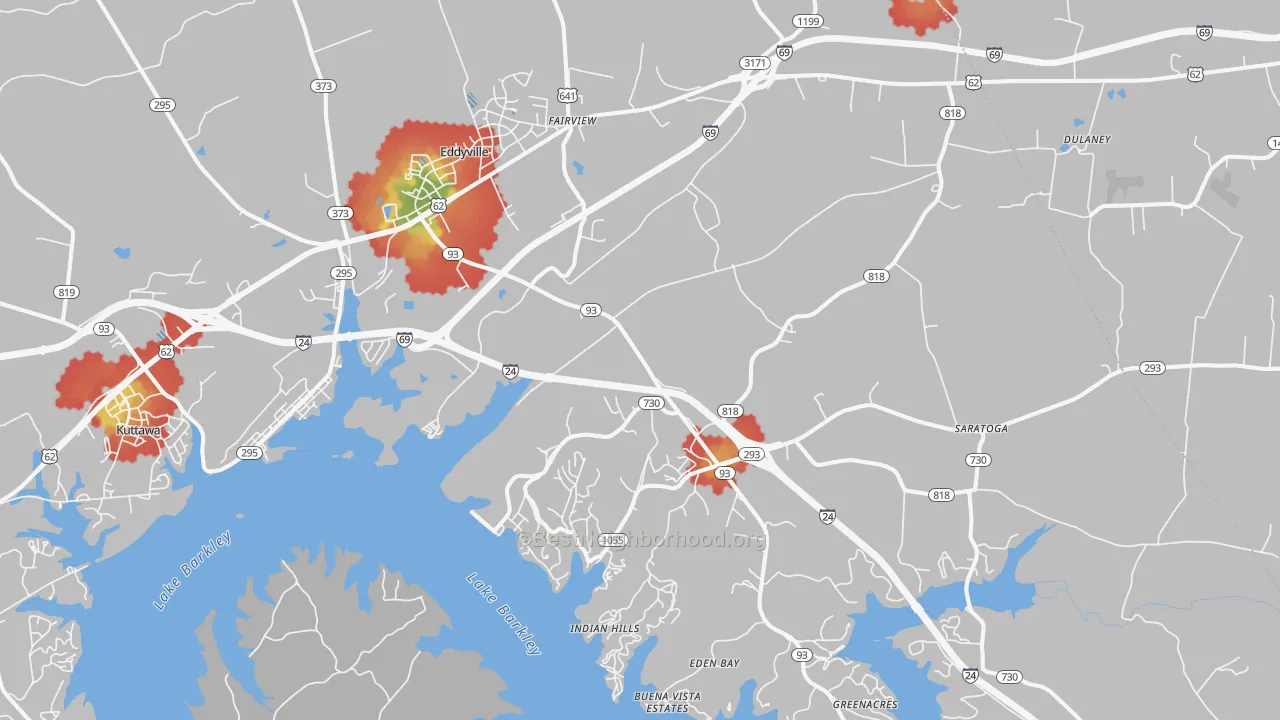 Walk Grade map of Eddyville, KY, walkable areas in green and car-dependent areas in red
