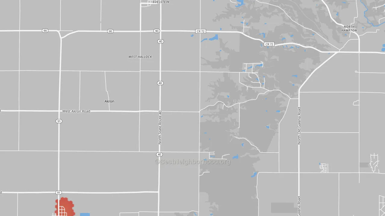 Walk Grade map of Edelstein, IL, walkable areas in green and car-dependent areas in red