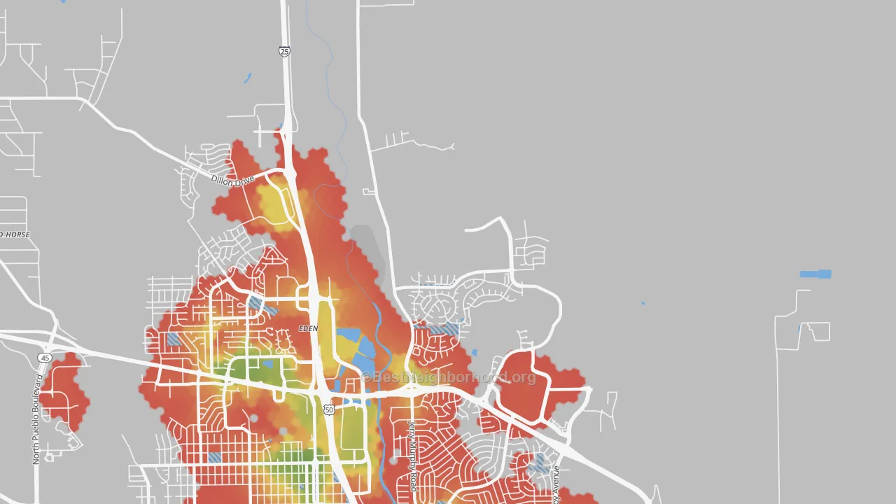 Walk Grade map of Eden, CO, walkable areas in green and car-dependent areas in red