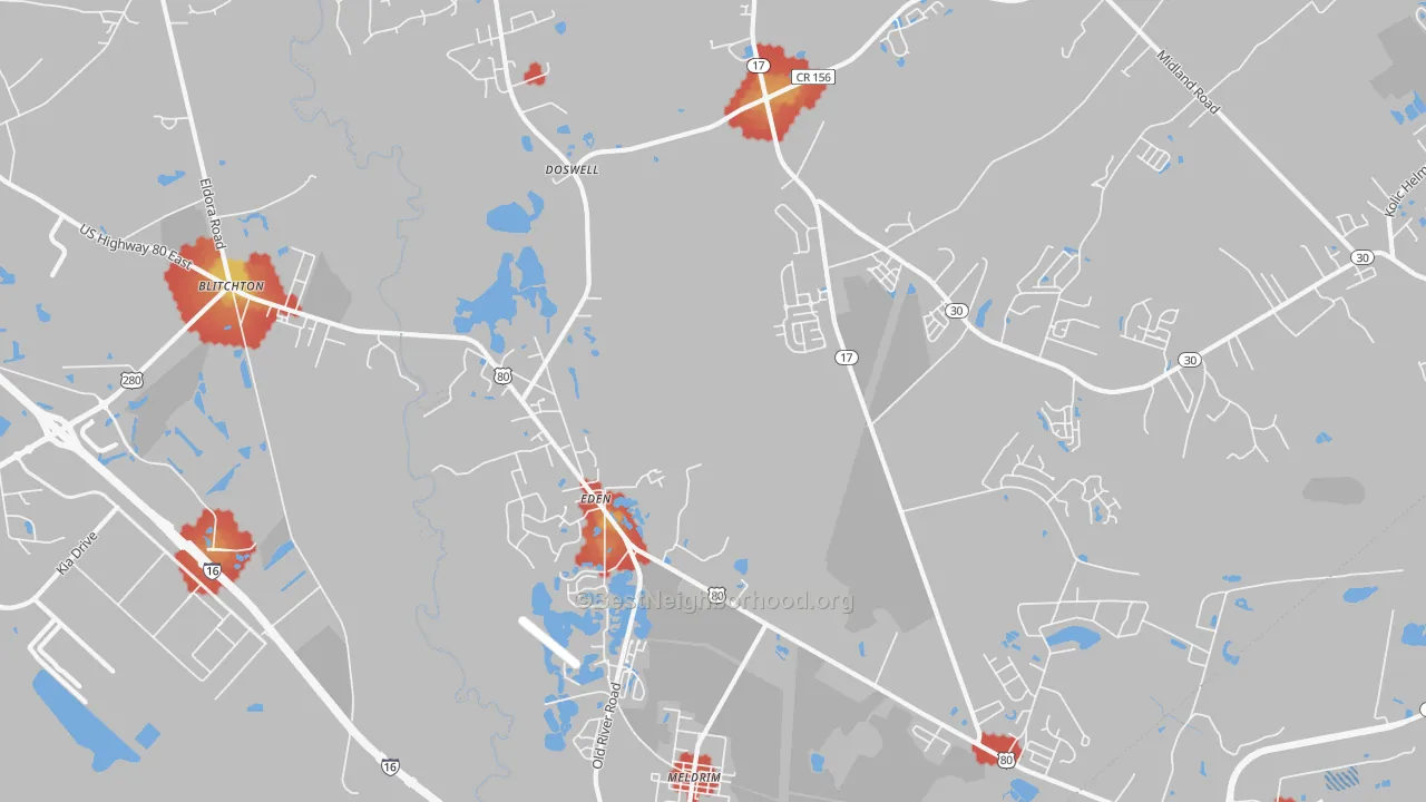 Walk Grade map of Eden, GA, walkable areas in green and car-dependent areas in red