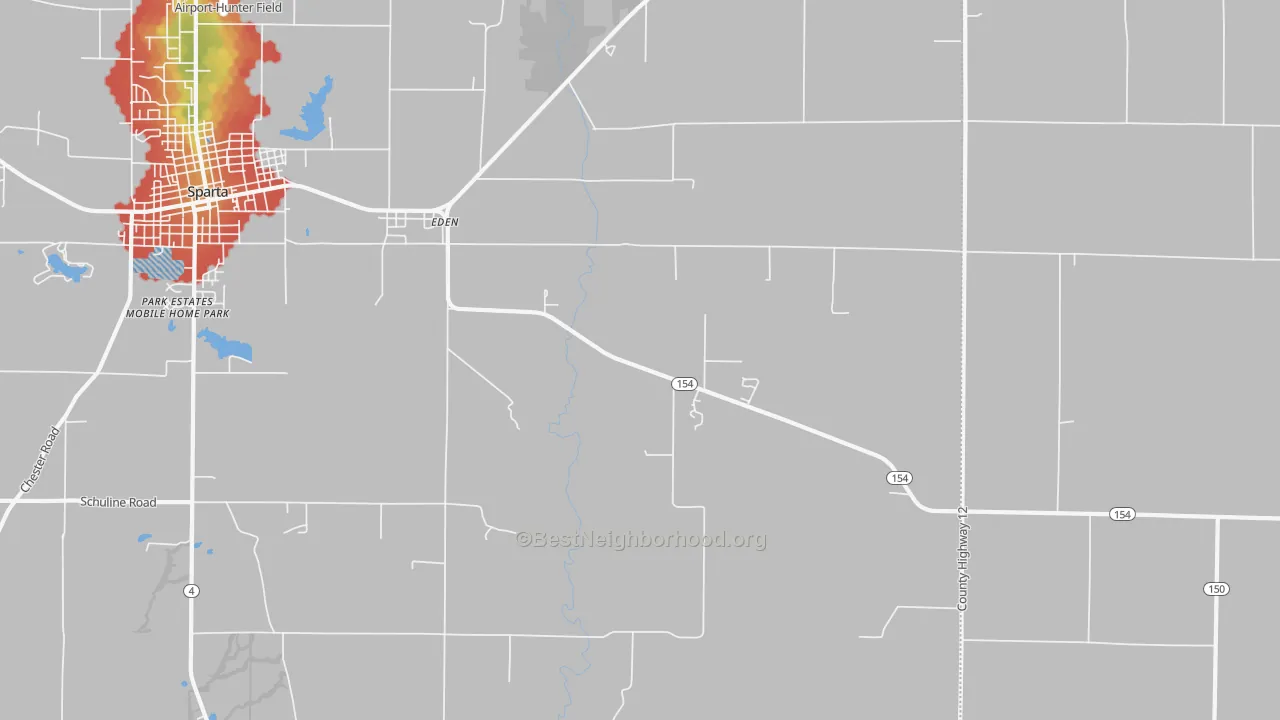 Walk Grade map of Eden, IL, walkable areas in green and car-dependent areas in red