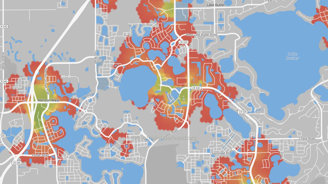 Walk Grade map of Eden Isle, Horizon West, FL, walkable areas in green and car-dependent areas in red