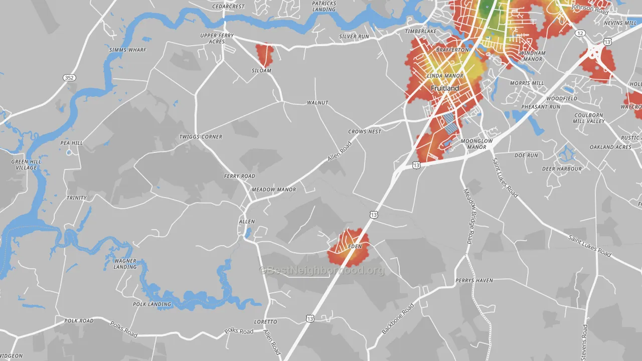 Walk Grade map of Eden, MD, walkable areas in green and car-dependent areas in red