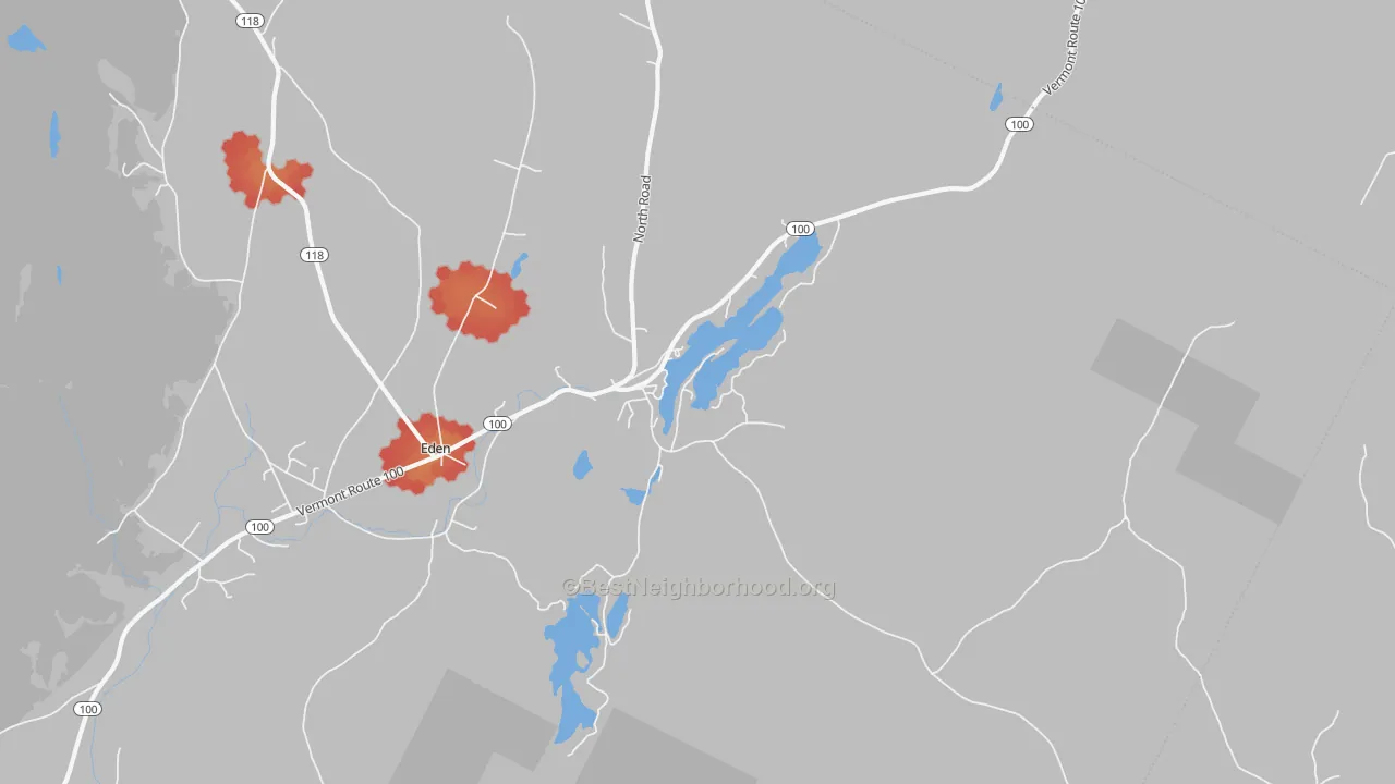 Walk Grade map of Eden Mills, VT, walkable areas in green and car-dependent areas in red