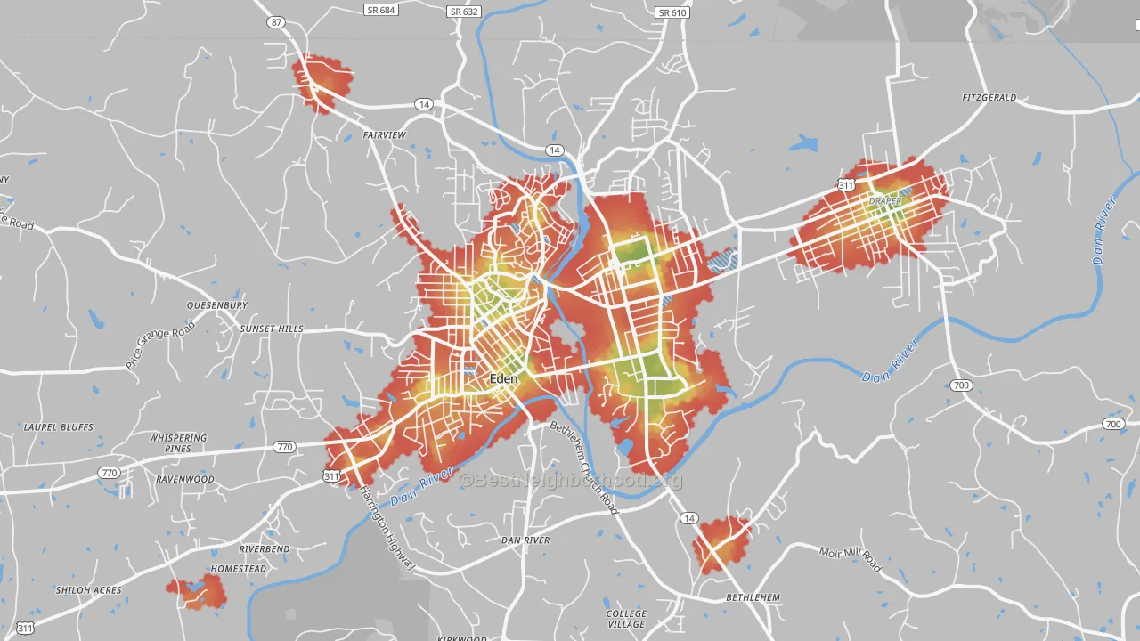 Walk Grade map of Eden, NC, walkable areas in green and car-dependent areas in red