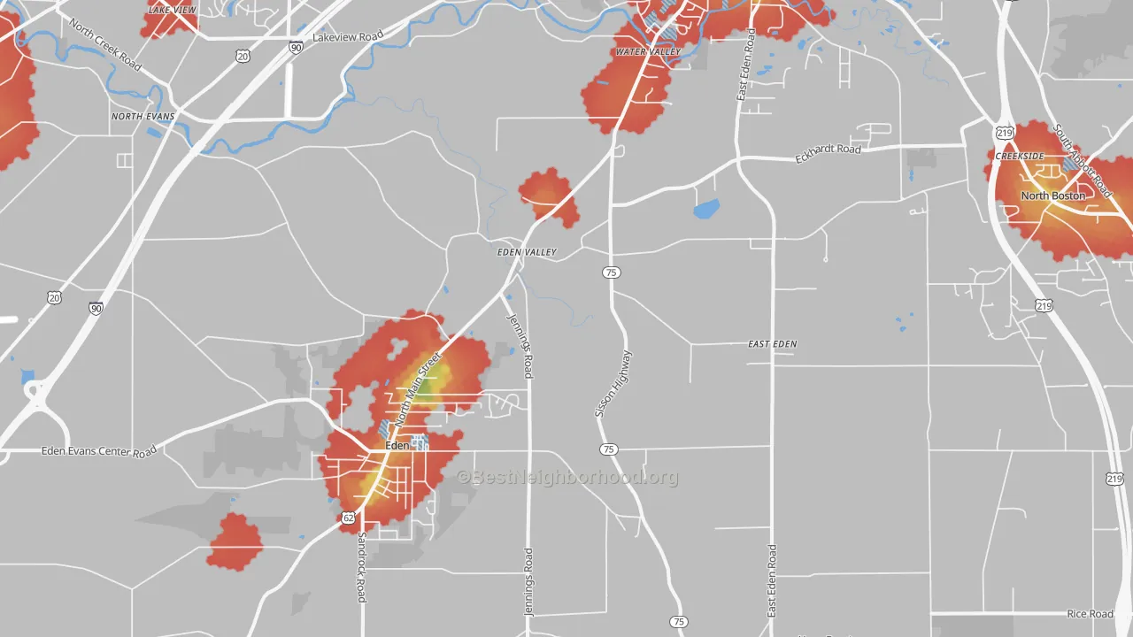 Walk Grade map of Eden, NY, walkable areas in green and car-dependent areas in red