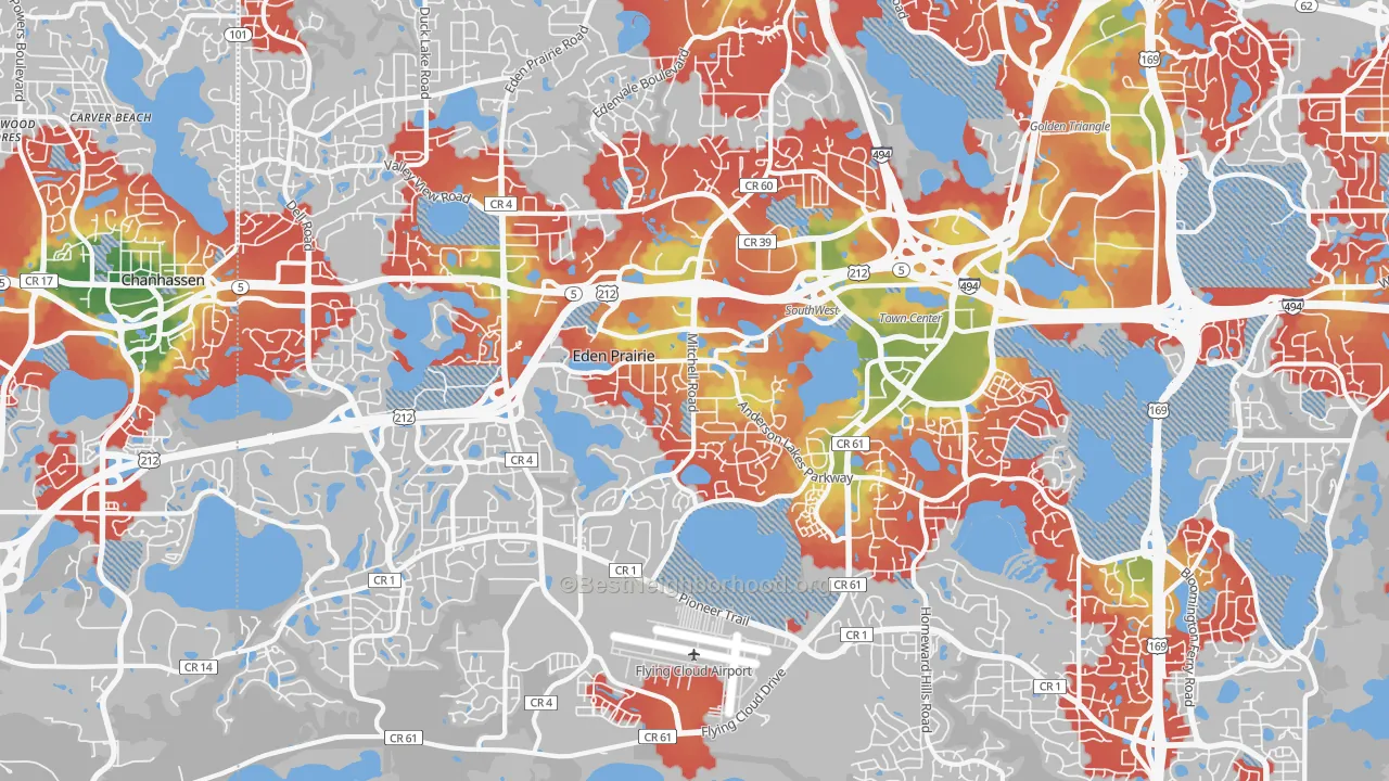 Walk Grade map of Eden Prairie, MN, walkable areas in green and car-dependent areas in red