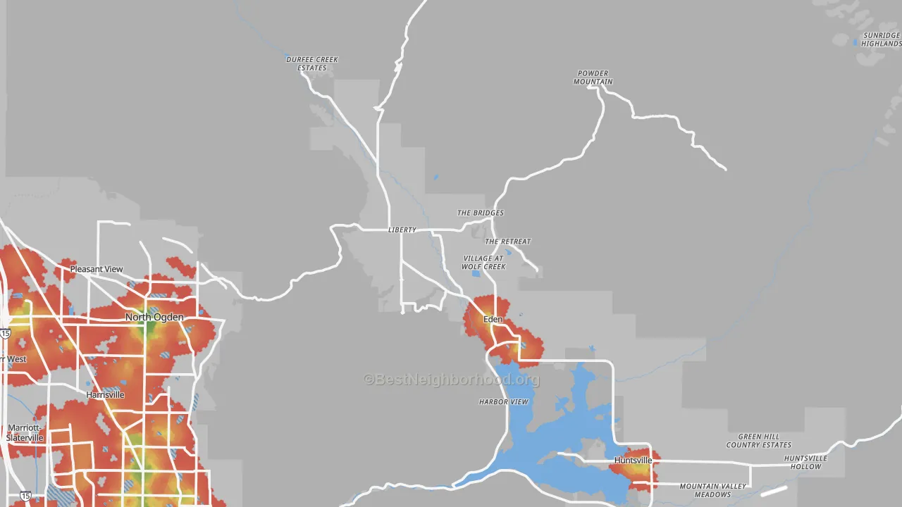 Walk Grade map of Eden, UT, walkable areas in green and car-dependent areas in red