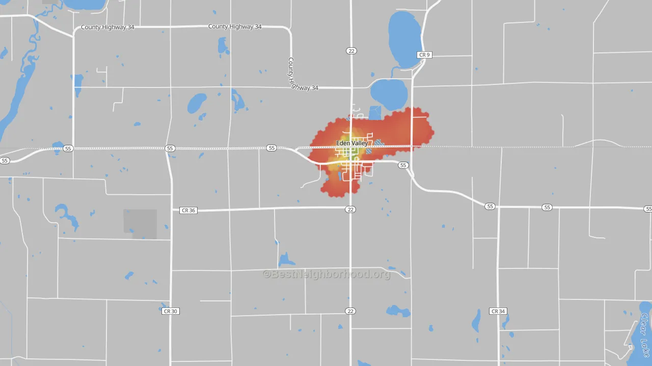 Walk Grade map of Eden Valley, MN, walkable areas in green and car-dependent areas in red