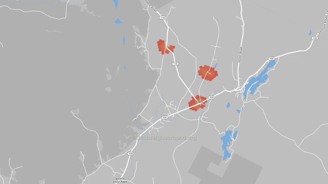 Walk Grade map of Eden, VT, walkable areas in green and car-dependent areas in red