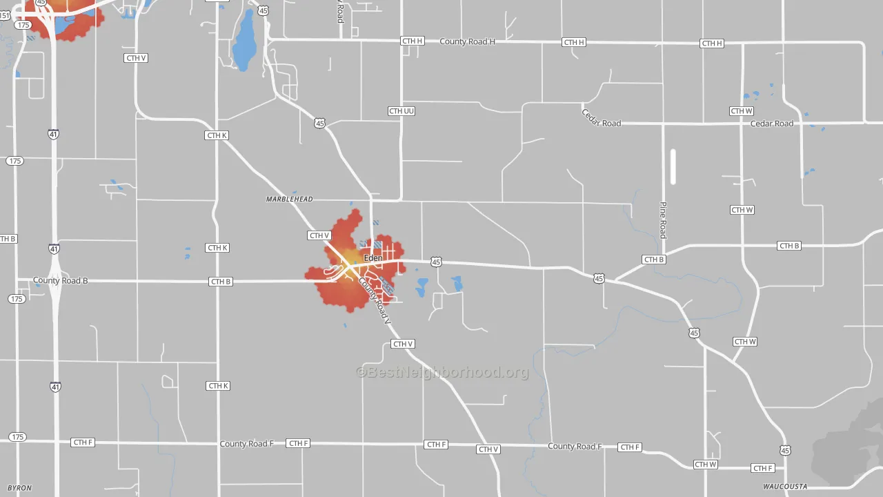 Walk Grade map of Eden, WI, walkable areas in green and car-dependent areas in red