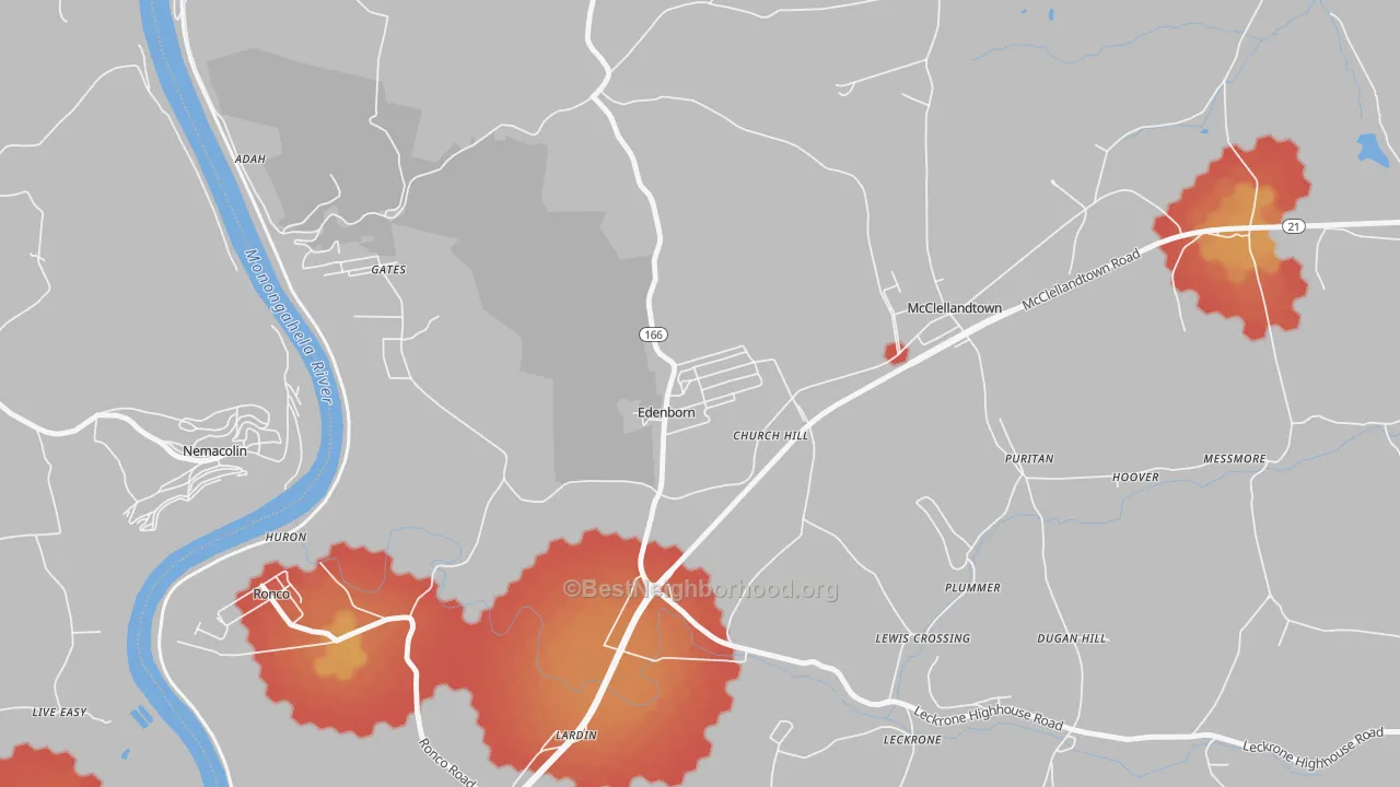 Walk Grade map of Edenborn, PA, walkable areas in green and car-dependent areas in red