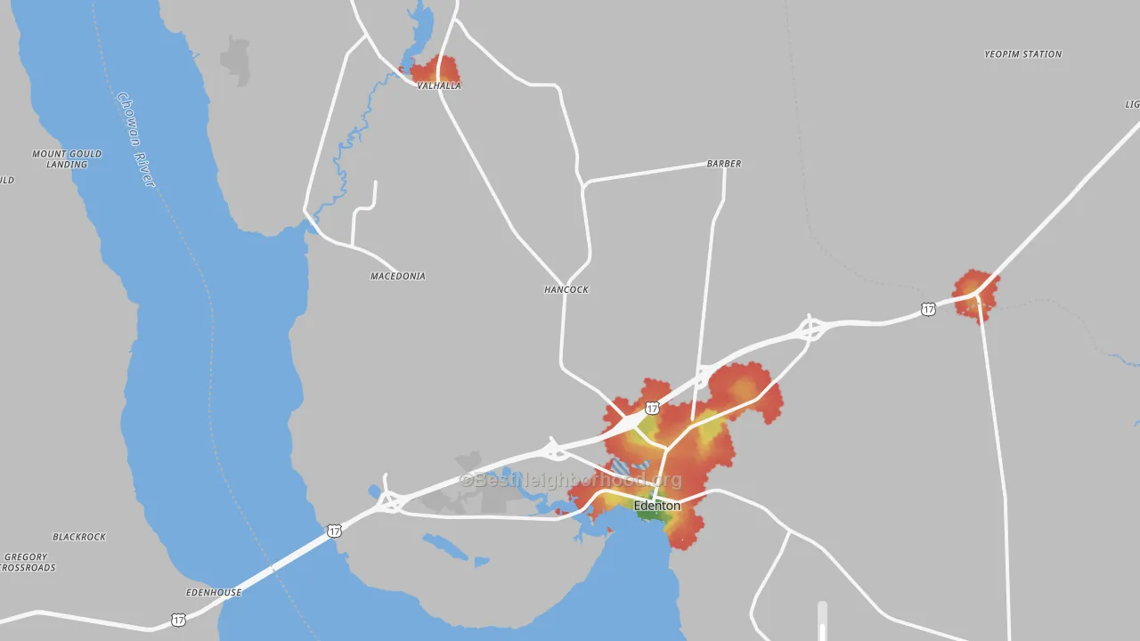 Walk Grade map of Edenton, NC, walkable areas in green and car-dependent areas in red