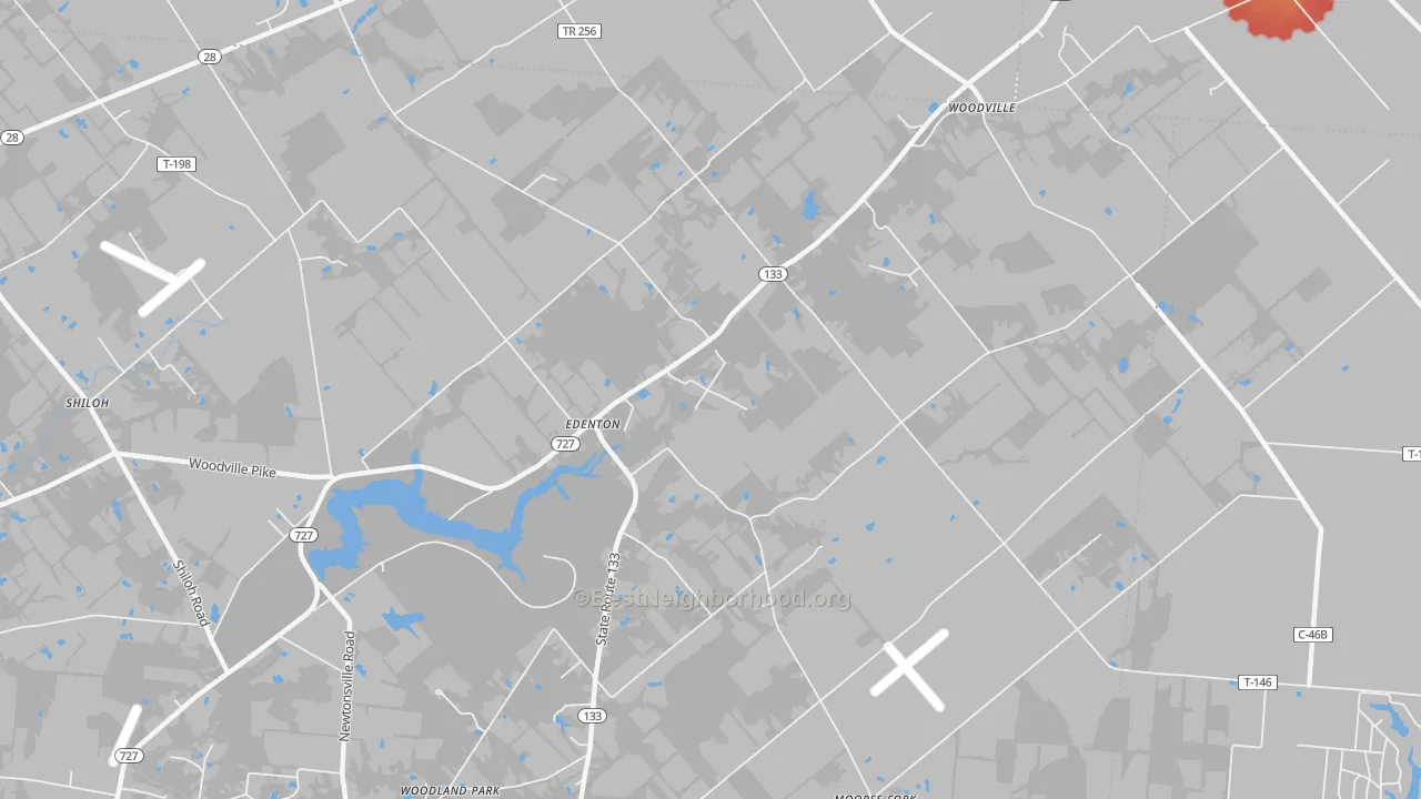 Walk Grade map of Edenton, OH, walkable areas in green and car-dependent areas in red
