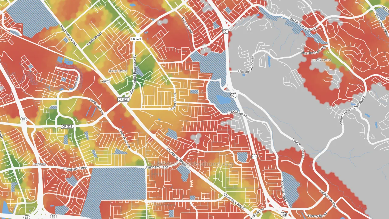 Walk Grade map of Edenvale-Seven Trees, San Jose, CA, walkable areas in green and car-dependent areas in red