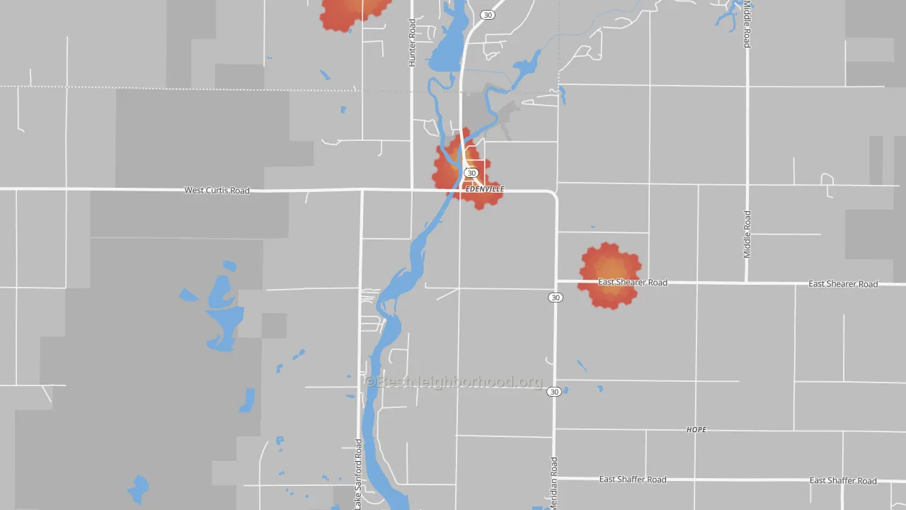 Walk Grade map of Edenville, MI, walkable areas in green and car-dependent areas in red