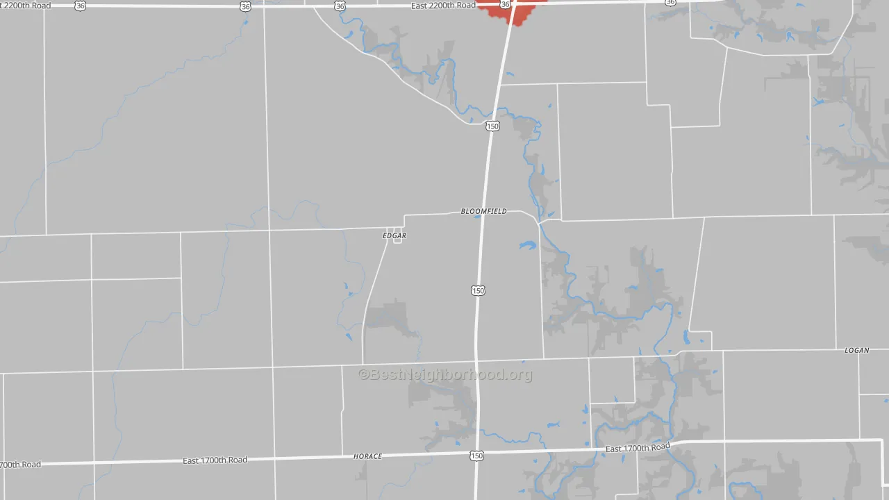 Walk Grade map of Edgar, IL, walkable areas in green and car-dependent areas in red