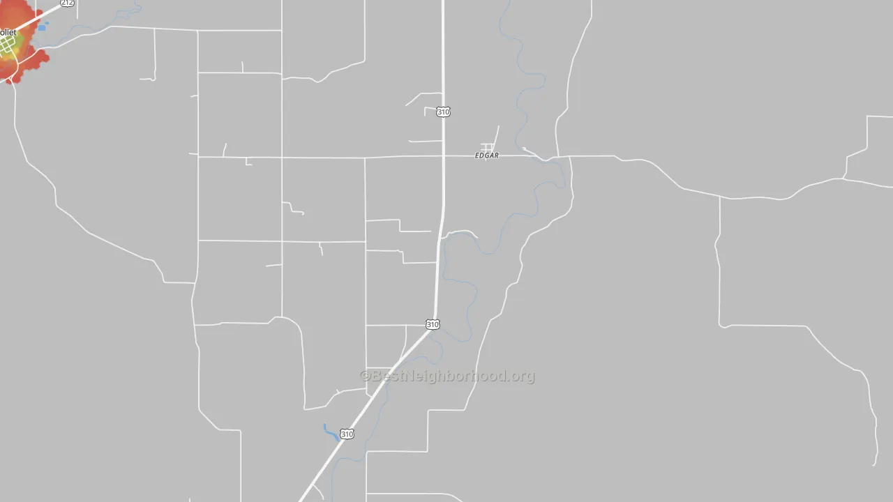 Walk Grade map of Edgar, MT, walkable areas in green and car-dependent areas in red