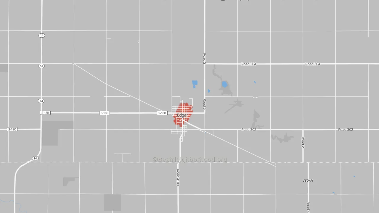 Walk Grade map of Edgar, NE, walkable areas in green and car-dependent areas in red