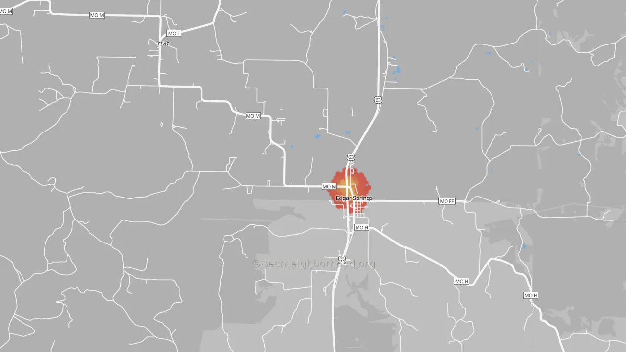 Walk Grade map of Edgar Springs, MO, walkable areas in green and car-dependent areas in red