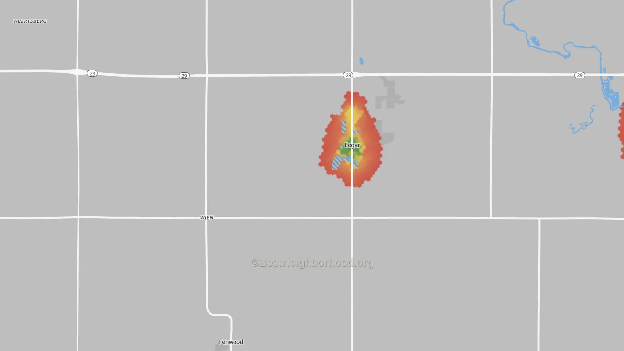Walk Grade map of Edgar, WI, walkable areas in green and car-dependent areas in red