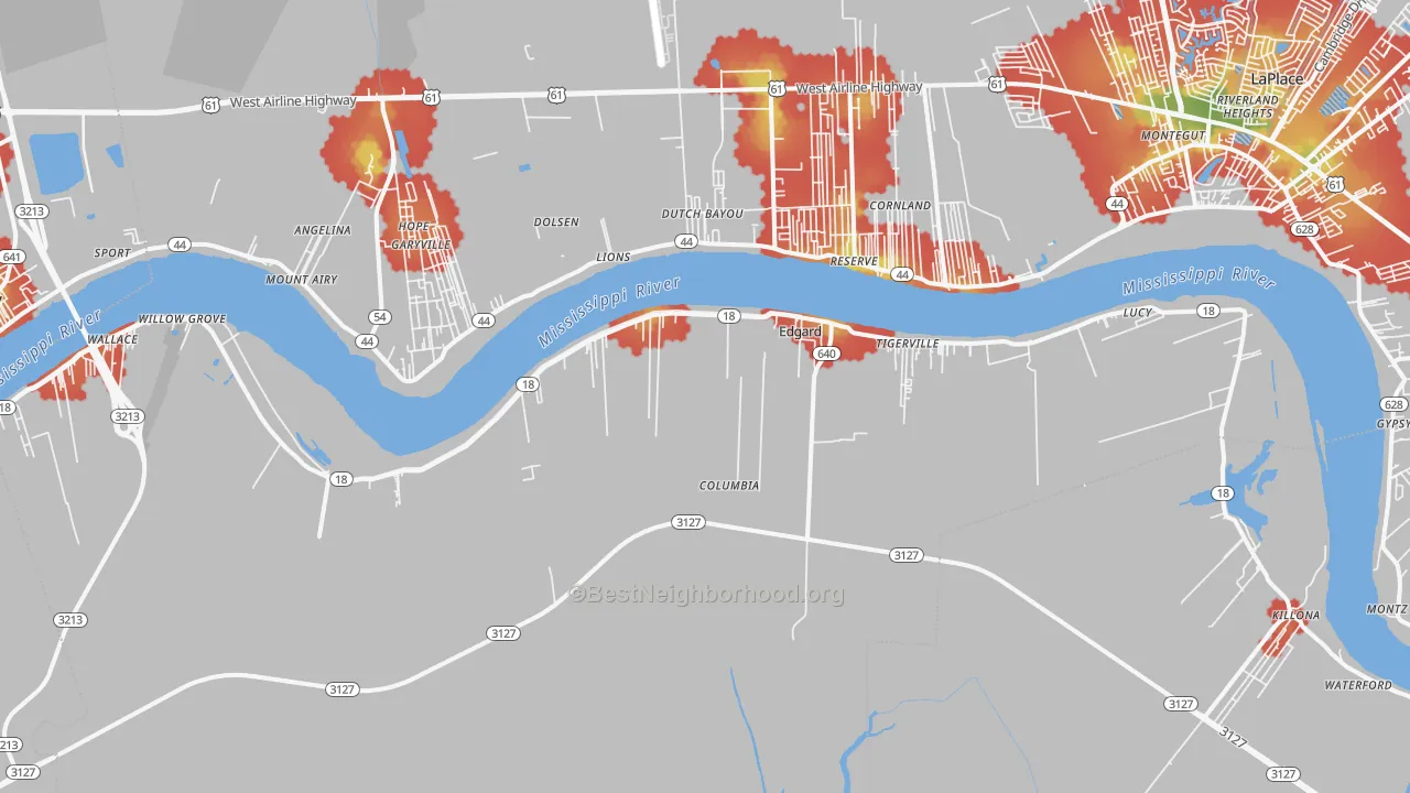 Walk Grade map of Edgard, LA, walkable areas in green and car-dependent areas in red