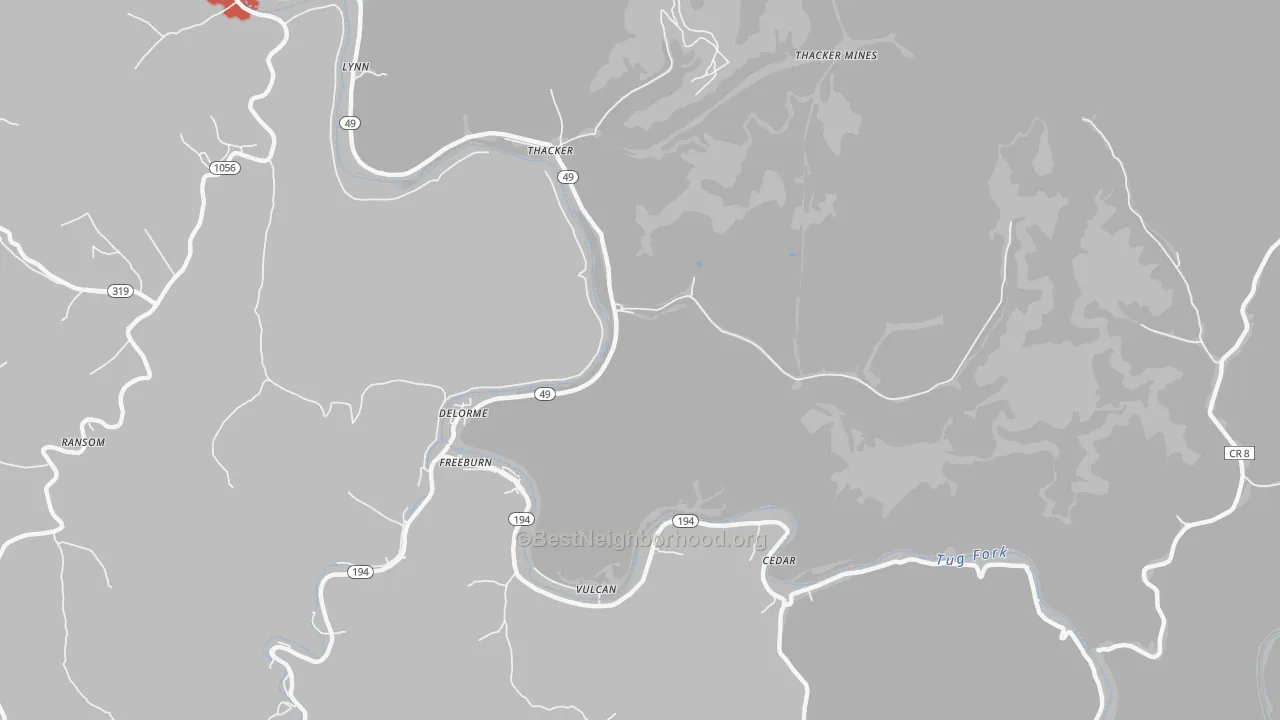 Walk Grade map of Edgarton, WV, walkable areas in green and car-dependent areas in red