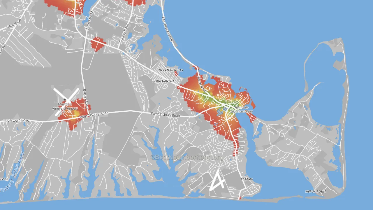 Walk Grade map of Edgartown, MA, walkable areas in green and car-dependent areas in red