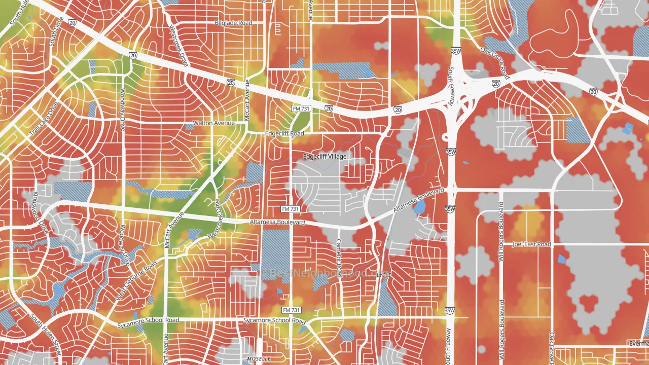 Walk Grade map of Edgecliff Village, TX, walkable areas in green and car-dependent areas in red